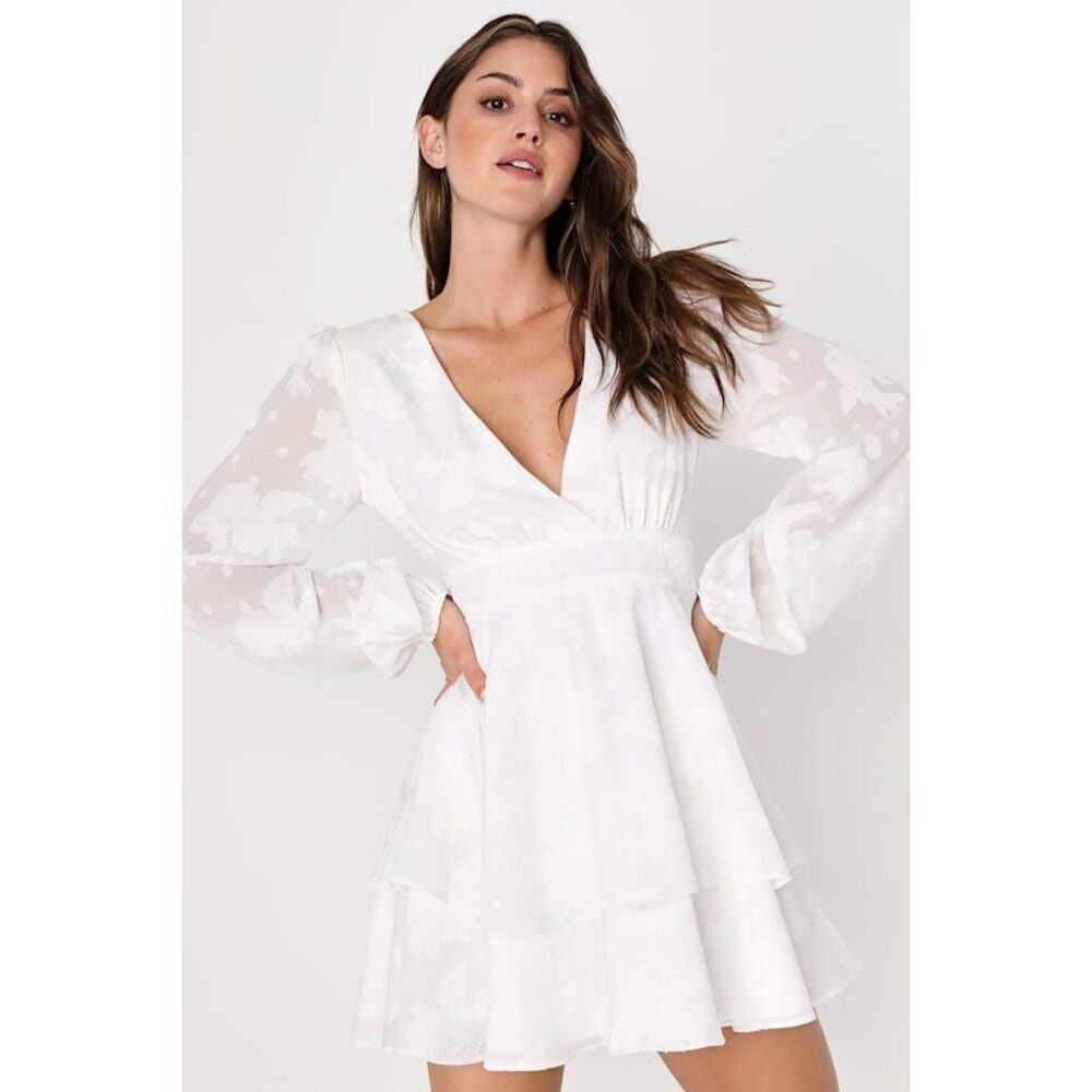 Lulus Flirty Moments White Burnout Floral Balloon Sleeve Mini Dress - Size XS